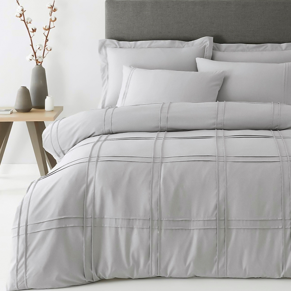 Savaya Grid Pleated Pintuck Duvet Cover Moden Set Sarung Kuilt Set Peralatan Tempat Tidur