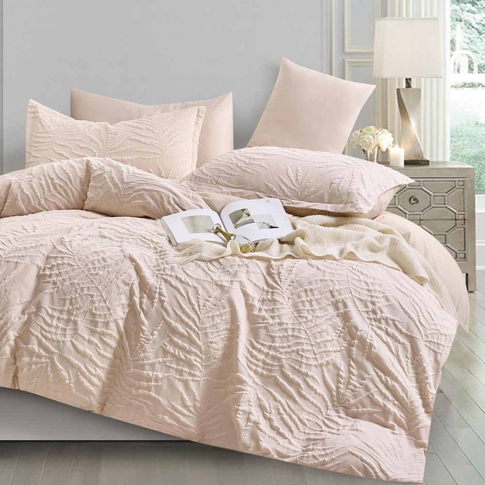 Liora Textured Botanical Leaf Timbul Duvet Cover Quilt Cover Set Set Peralatan Tempat Tidur