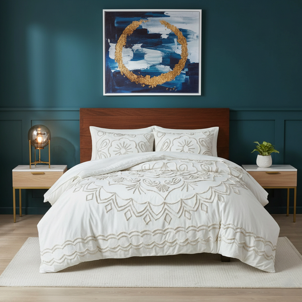 Soraya MedallionTufed Chenille Embroidery Duvet Cover Set Sarung Kuilt Set Peralatan Tempat Tidur