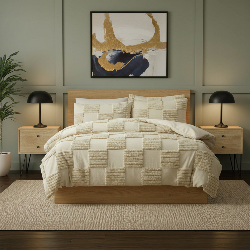 Eden Tufted Geometric Check Set Selimut Sulaman Chenille Set Tempat Tidur