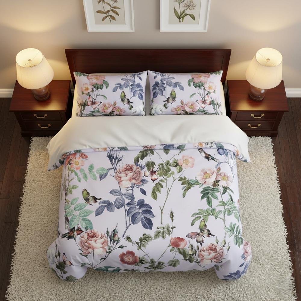 Cathy Vintage Floral & Bird Print Set Selimut Moden Sarung Kuilt Set Peralatan Tempat Tidur