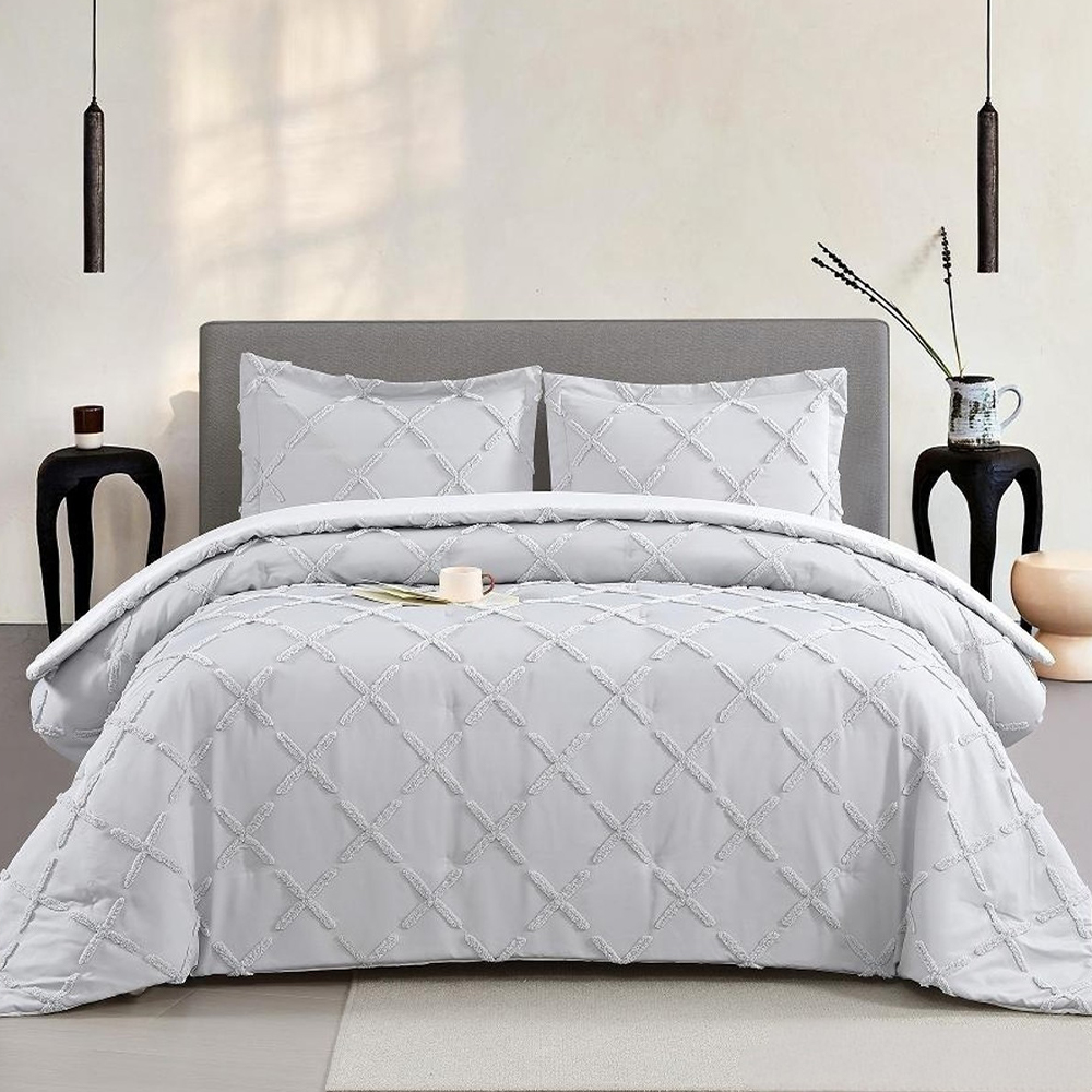 Serene Geometric Ruching Berumbai Chenille Bordir Duvet Cover Set Sarung Kuilt Set Peralatan Tempat Tidur