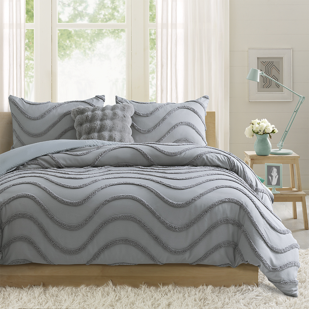 Milah Geometrik Gelombang Moden Berumbai Chenille Sulaman Duvet Cover Quilt Set Sarung Set Set Tempat Tidur
