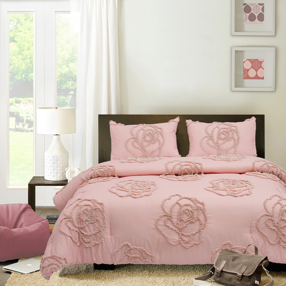 Mirelle Rose Floral Tufted Chenille Embroidery Duvet Cover Set Quilt Cover Set Set Tempat Tidur