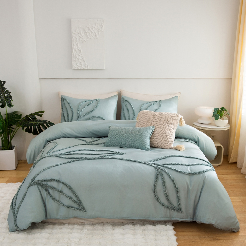 Sammy Leaf Berumbai Chenille Sulaman Duvet Cover Quilt Set Sarung Set Set Tempat Tidur
