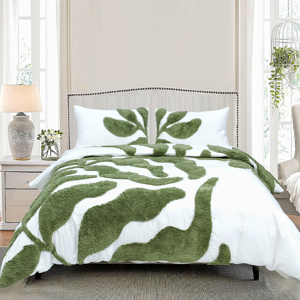 Belle Botanical Skala Besar Daun Berumbai Chenille Sulaman Duvet Cover Set Quilt Cover Set Set Tempat Tidur