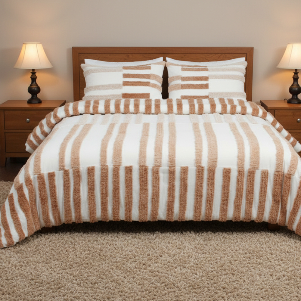 Collette Strip Tufted Chenille Bordir Duvet Cover Set Sarung Kuilt Set Peralatan Tempat Tidur