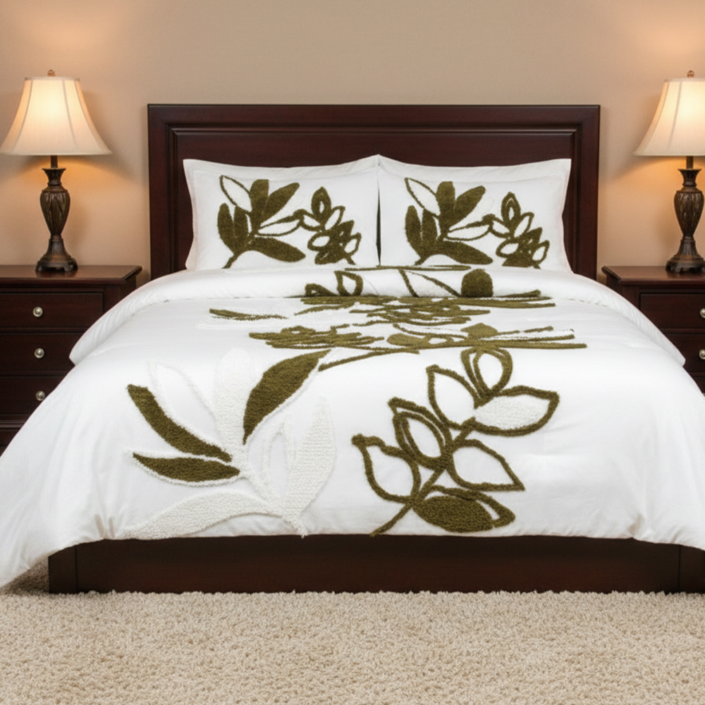 Gia Botanical Leaf Berumbai Chenille Bordir Duvet Cover Quilt Set Sarung Set Set Tempat Tidur