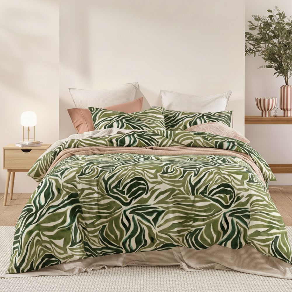 Cetakan Daun Hijau Tulen Microfiber Kapas Cetakan Duvet Cover Set Sarung Kuilt Set peralatan tempat tidur